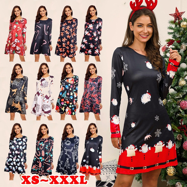NEW Fashion Casual Christmas Dress Women Long Sleeve Swing Printed Santa  Snowflake Colourful Xmas Dress | Wish